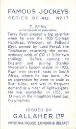 1936 Gallaher Famous Jockeys #17 Terry Ryan Back